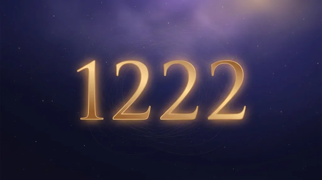 Angel number 1222 in gold numerals above a winter dawn horizon