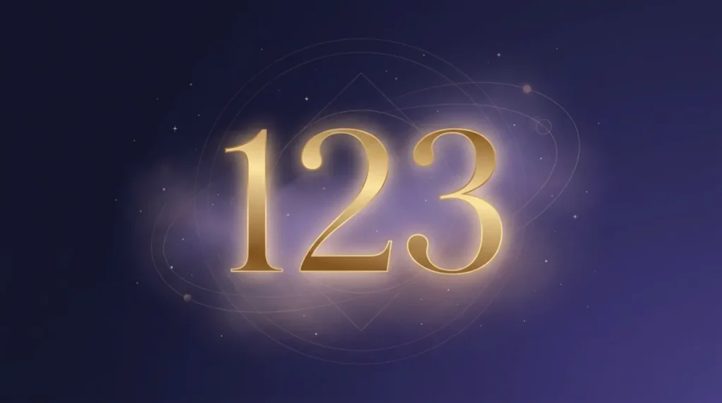 Angel number 123 in gold numerals on a starry midnight sky