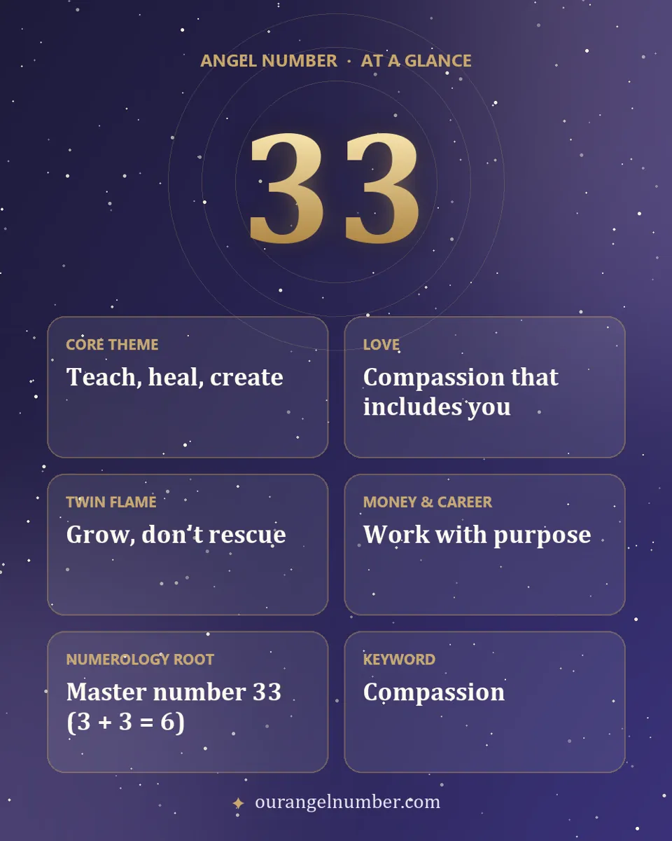Angel number 33 meaning at a glance: teach, heal, create, love, twin flame and numerology