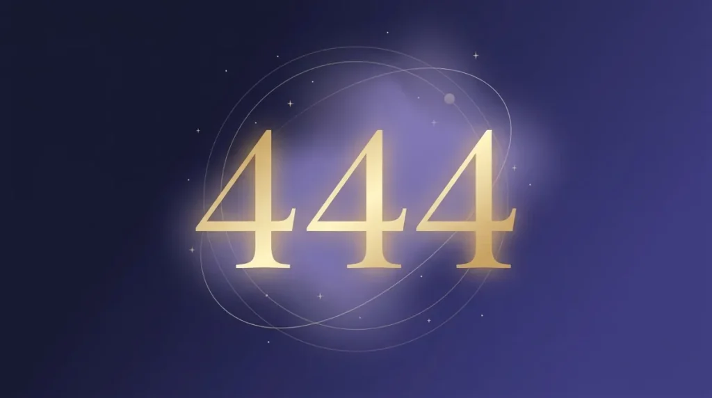 Angel number 444 in gold numerals above a stone foundation at dawn