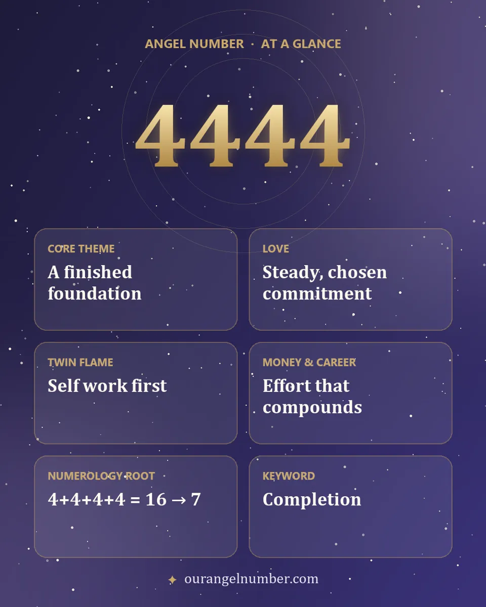 Angel number 4444 meaning at a glance: a finished foundation, love, twin flame and numerology