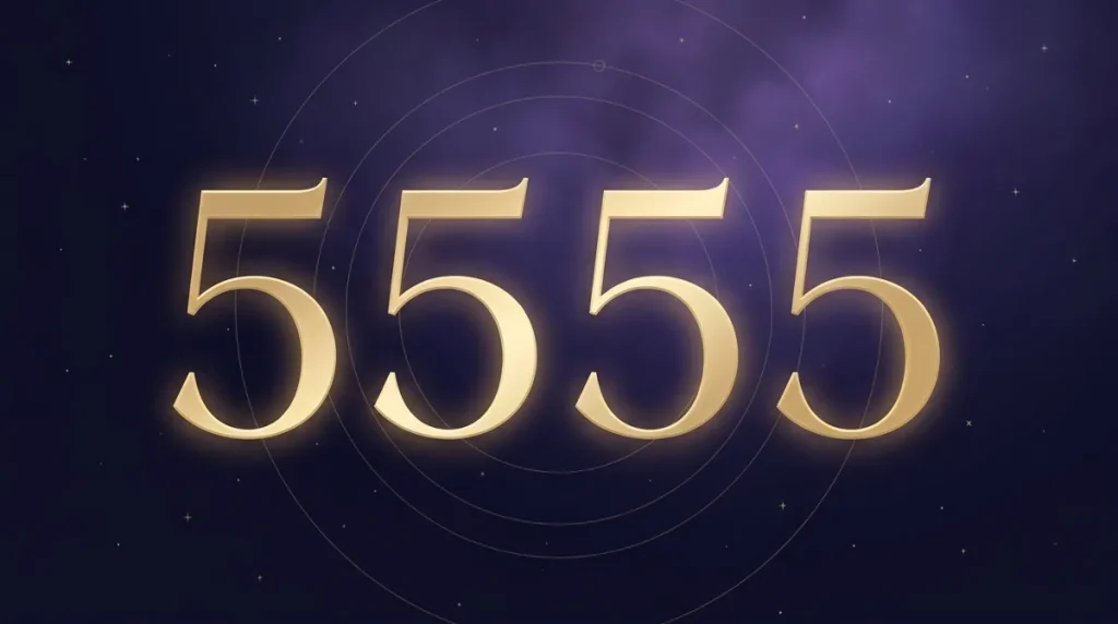 Angel number 5555 in gold numerals over a winding road at sunrise