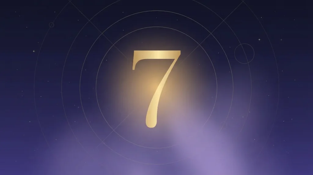 Angel number 7 in gold numerals on a starry midnight sky