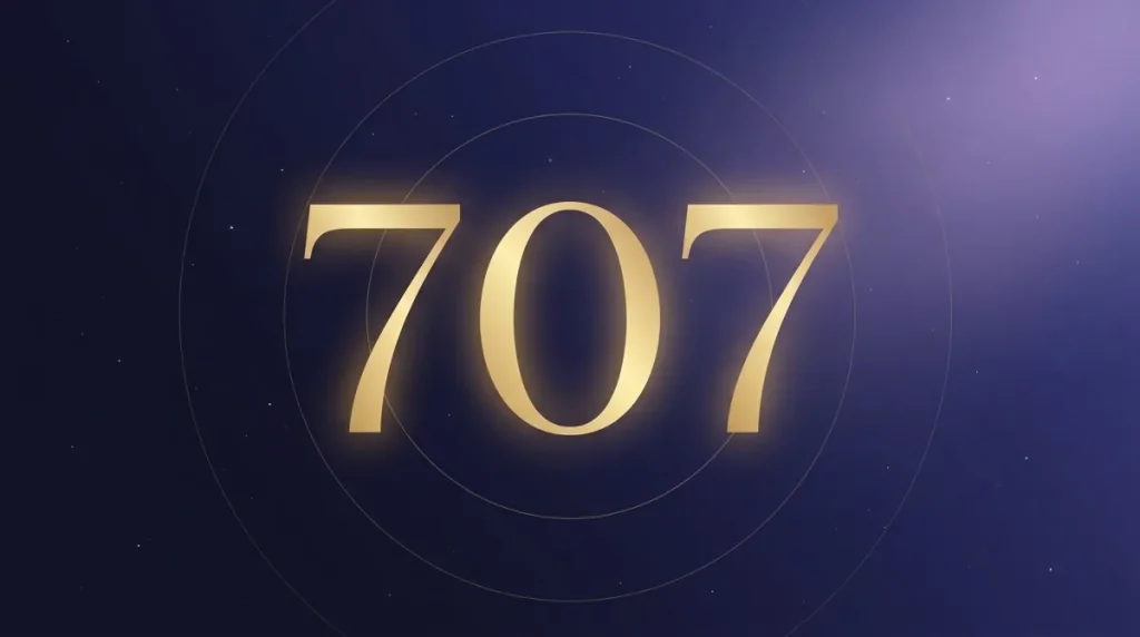 Angel number 707 in silver numerals on a quiet starry night sky