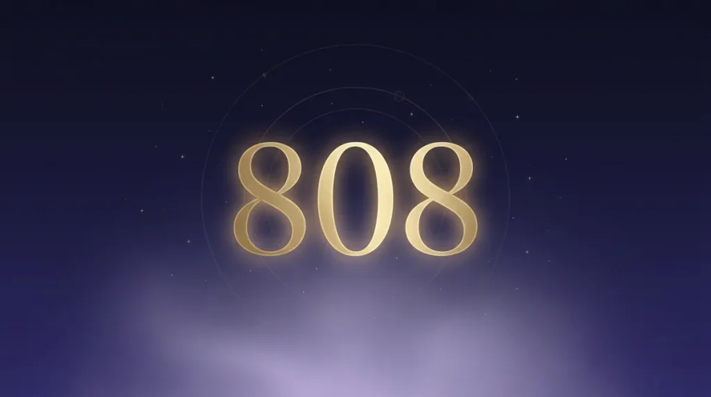 Angel number 808 in gold numerals on a starry midnight sky