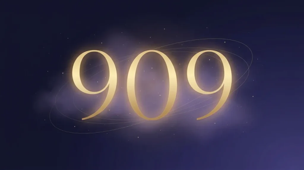 Angel number 909 in gold numerals framing an open doorway at dusk